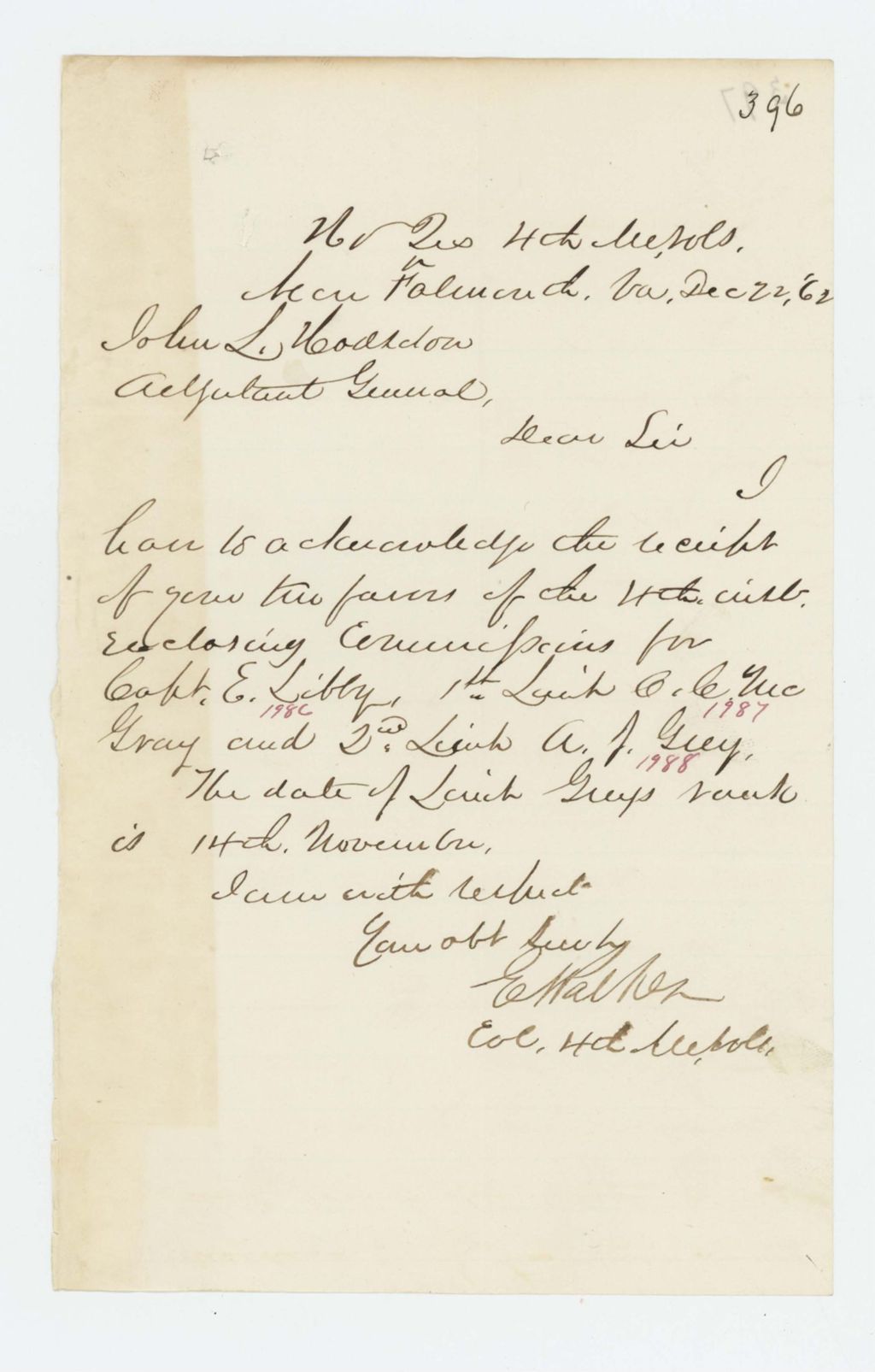 Miniature of Colonel Walker acknowledges commissions for Captain Libby, Lieutenant McGray, and Lieutenant A.J. Gray