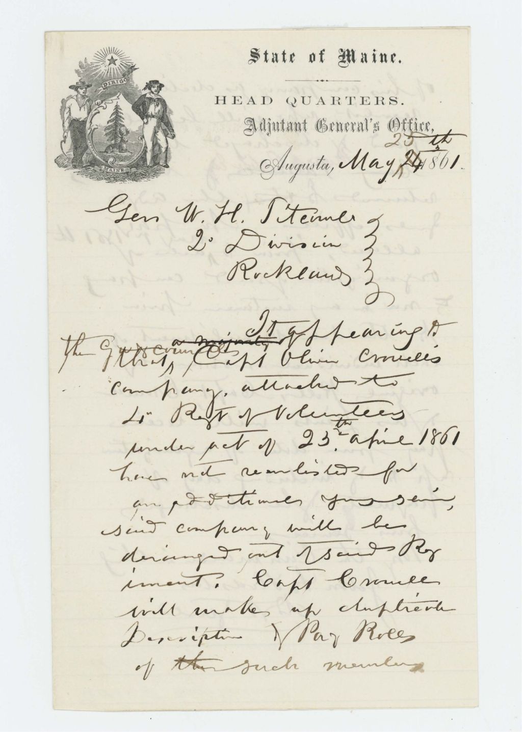 Miniature of Adjutant General Hodsdon writes General W.H. [?] of the 2nd Divsion discharging Captain Crowell's company