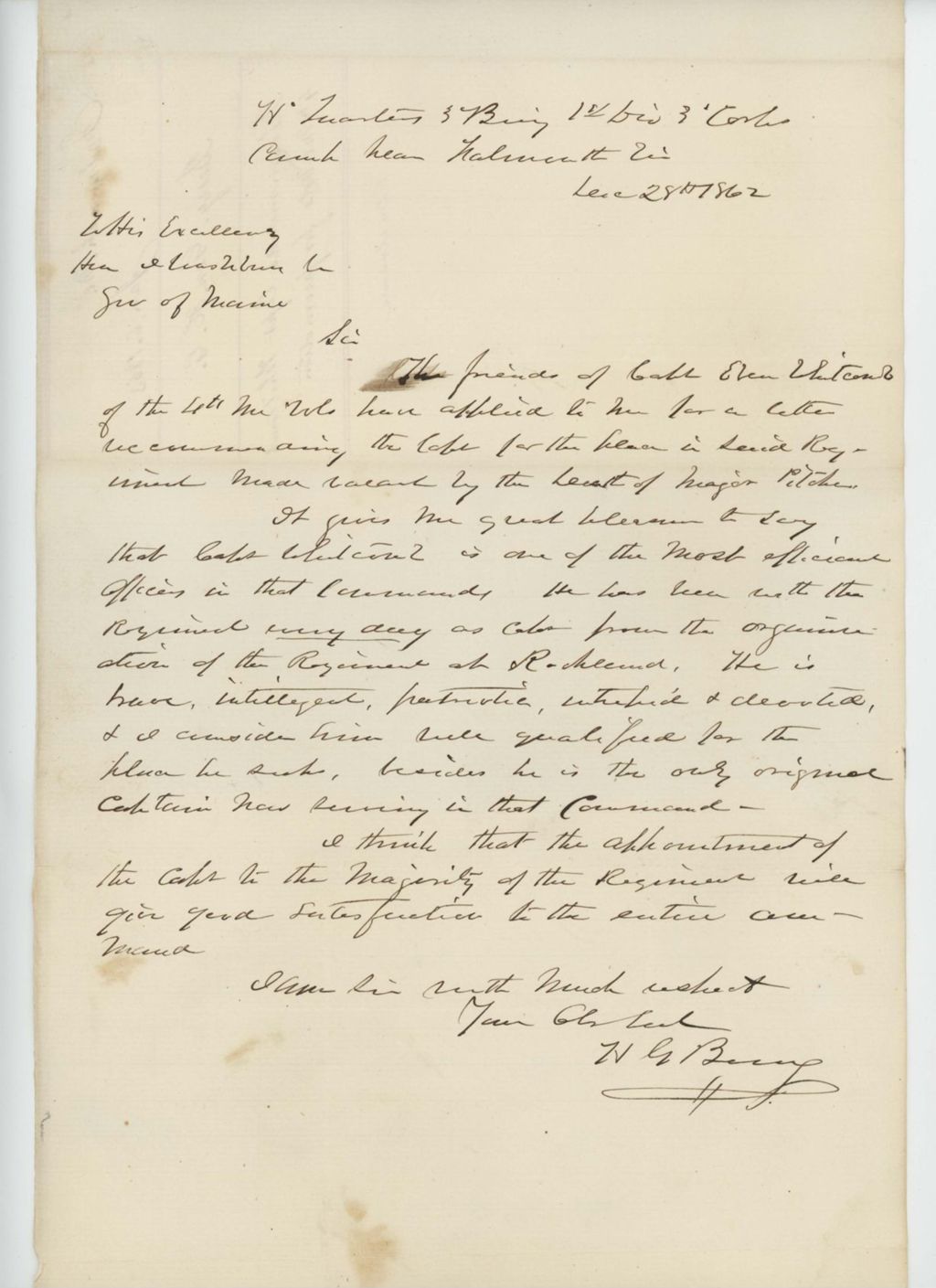 Miniature of General Hiram Berry recommends Captain Whitcomb for promotion
