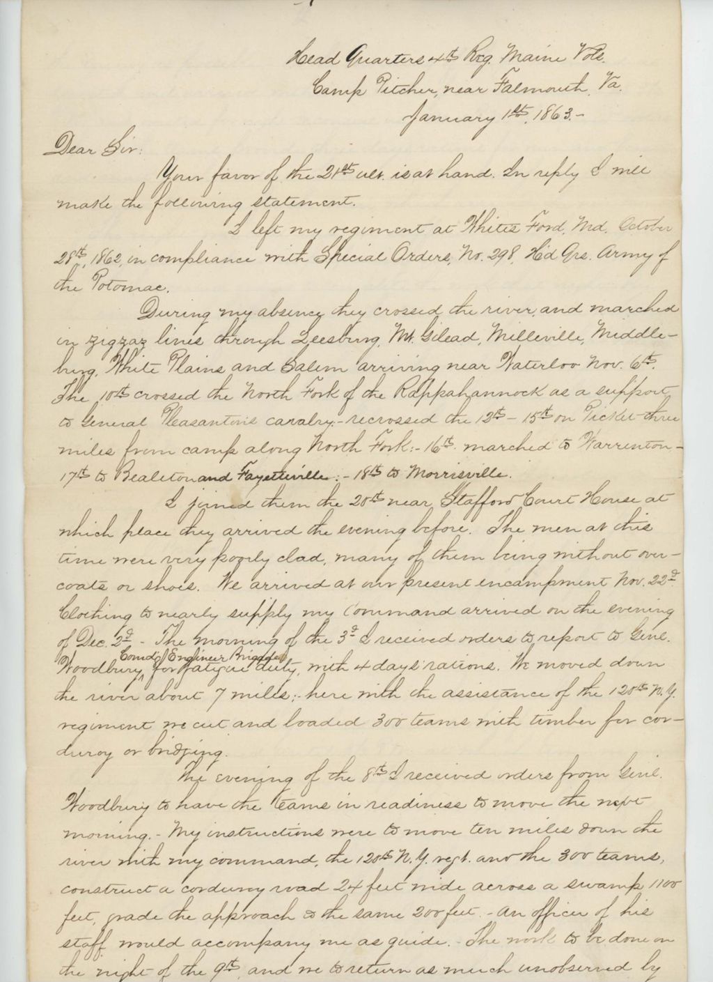 Miniature of Colonel Walker submits an additional regimental history to Adjutant General Hodsdon