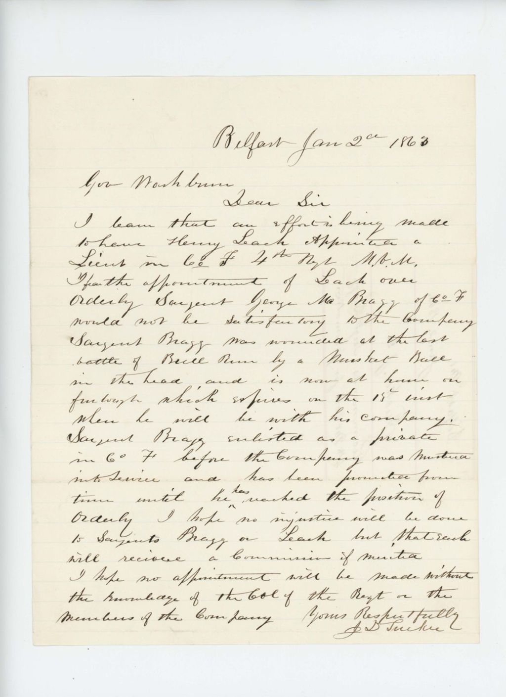 Miniature of J.D. Tucker requests a promotion for Sergeant George Bragg, wounded in the head at Bull Run