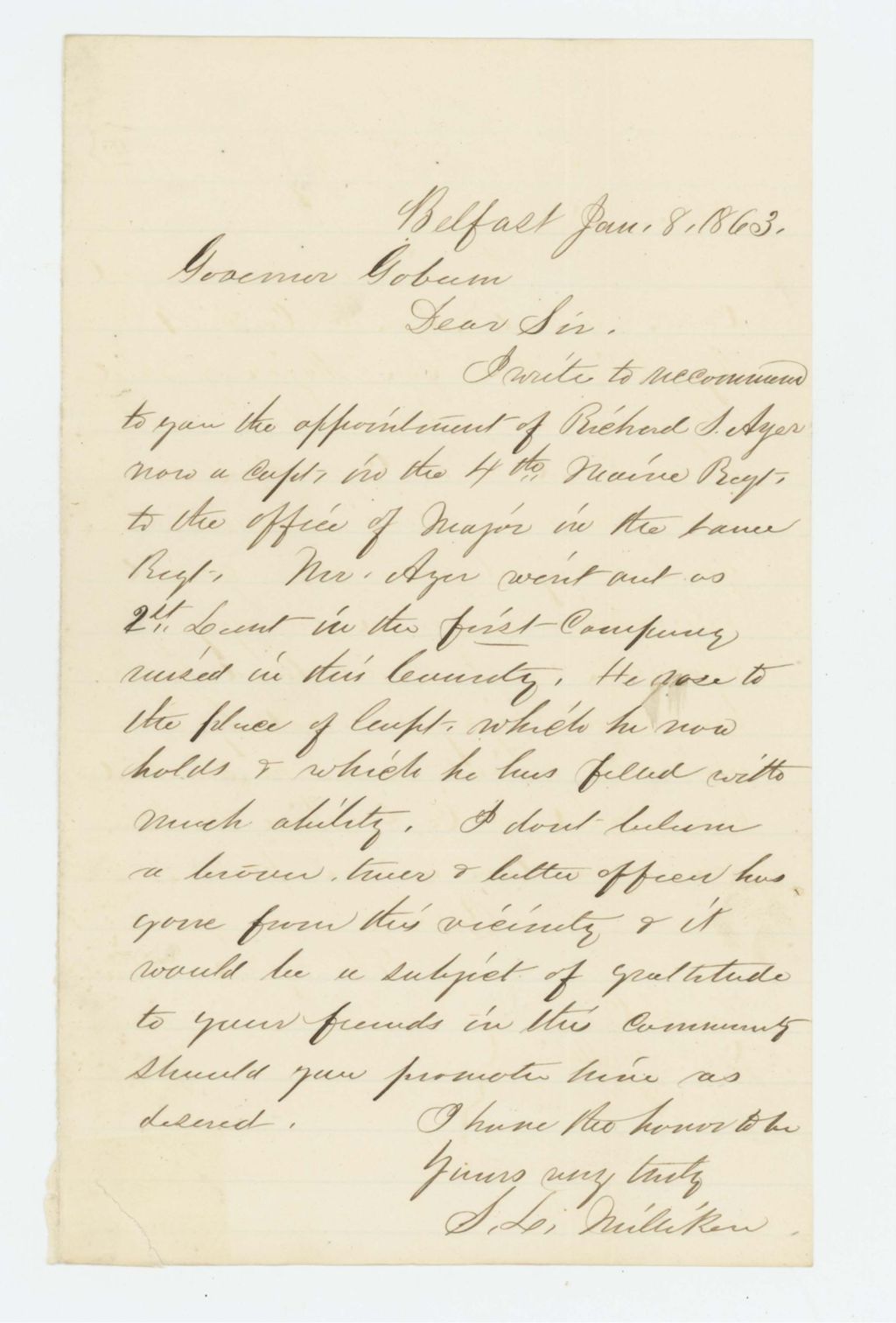 Miniature of S.L. Milliken recommends the appointment of Richard Ayer as Major