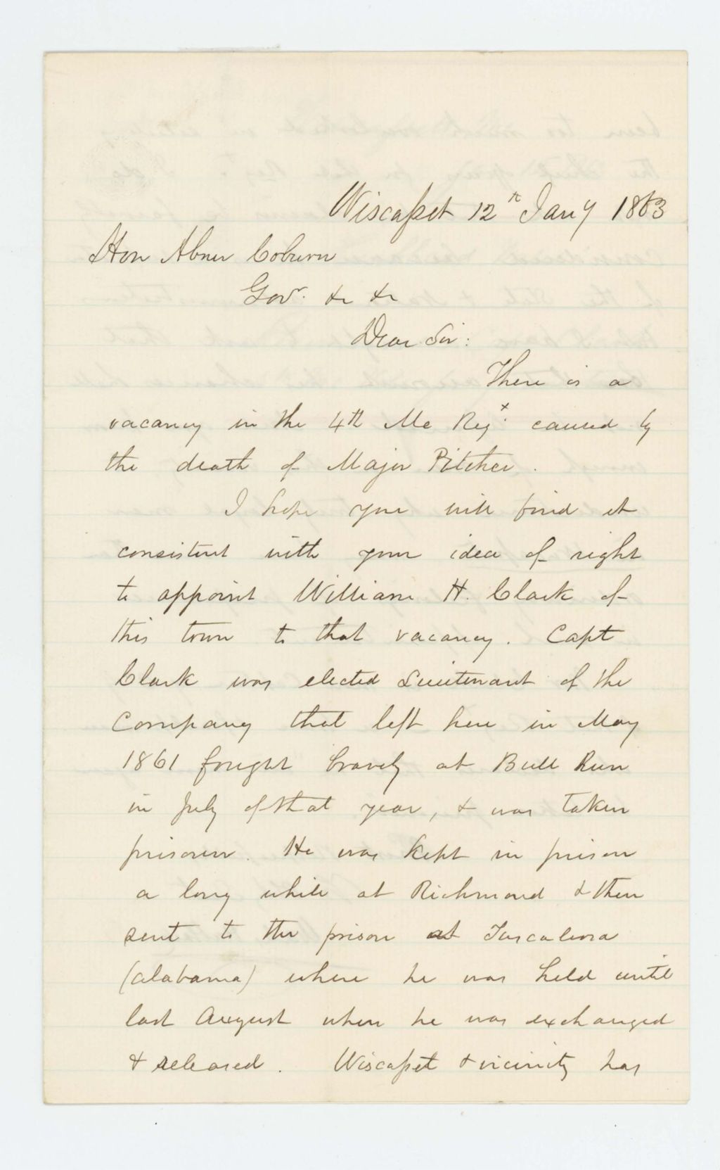 Miniature of Wales Hubbard recommends Captain William H. Clark for vacancy left by death of Major Pitcher