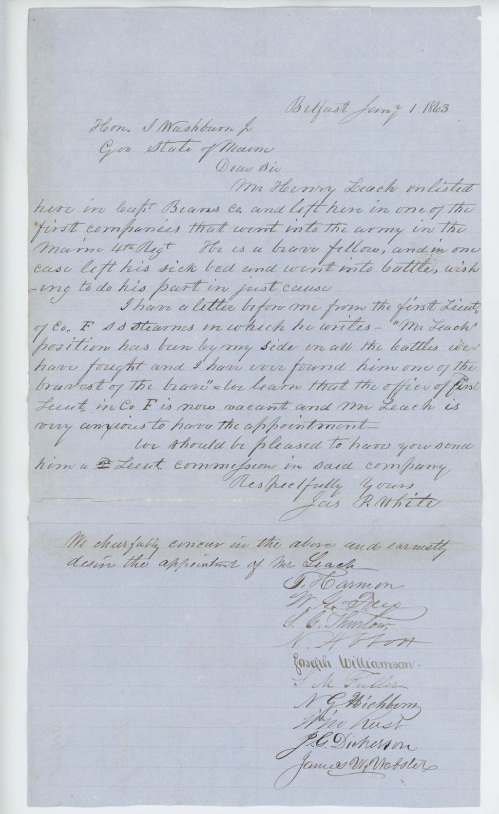 Miniature of James P. White and others request a lieutenant's commission for Henry Leach of Company F