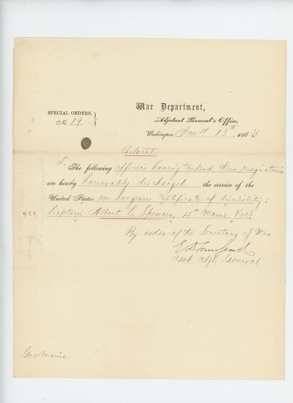 Miniature of Special Order 19 discharging Captain Albert L. Spencer for disability