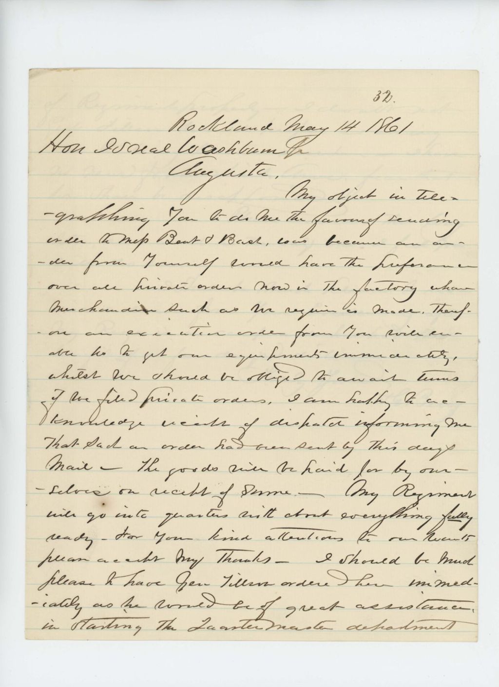 Miniature of Colonel Hiram Berry writes Governor Washburn regarding supplies