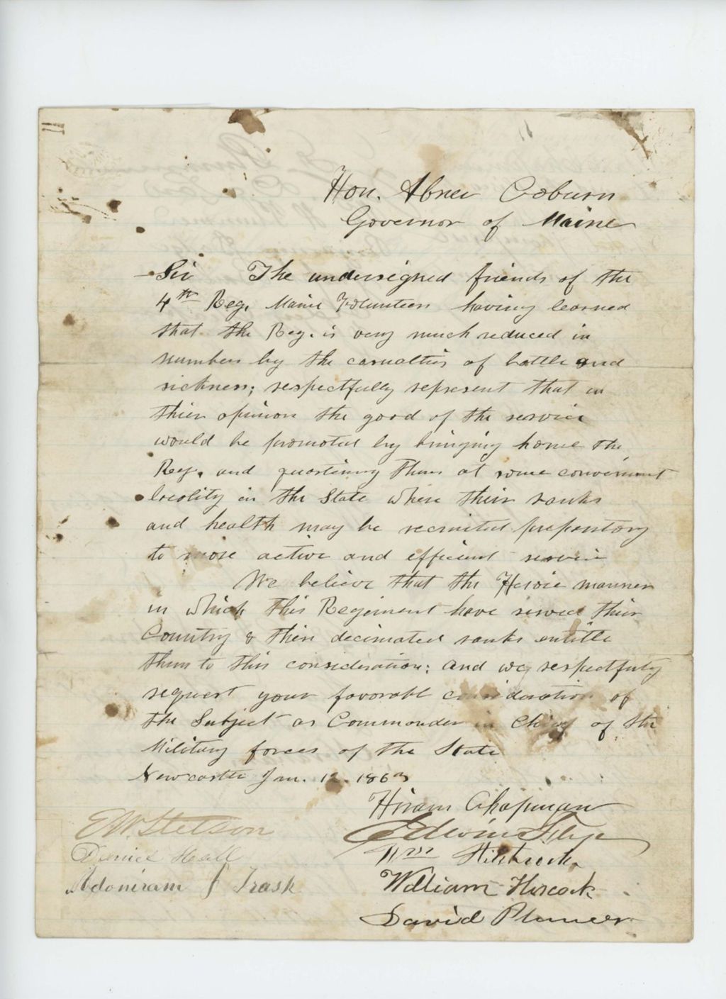 Miniature of William Hancock and other friends of the 4th Regiment petition for the regiment to be returned home