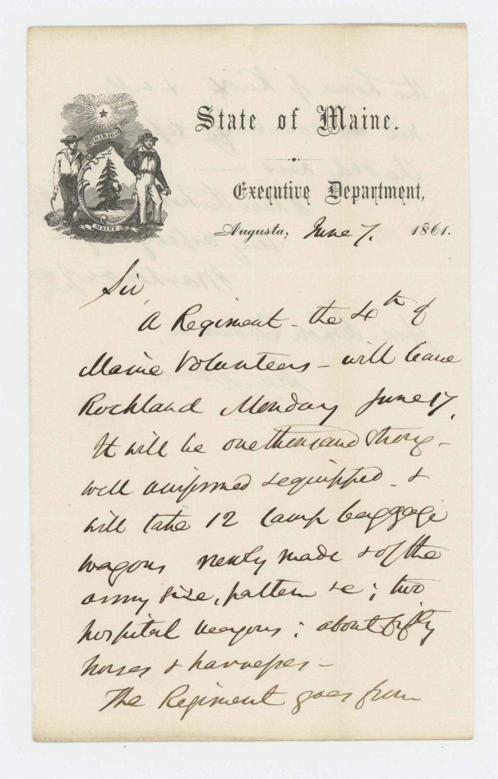 Miniature of Governor Washburn writes Secretary of War Edwin Stanton, informing him the 4th Regiment will soon leave Maine
