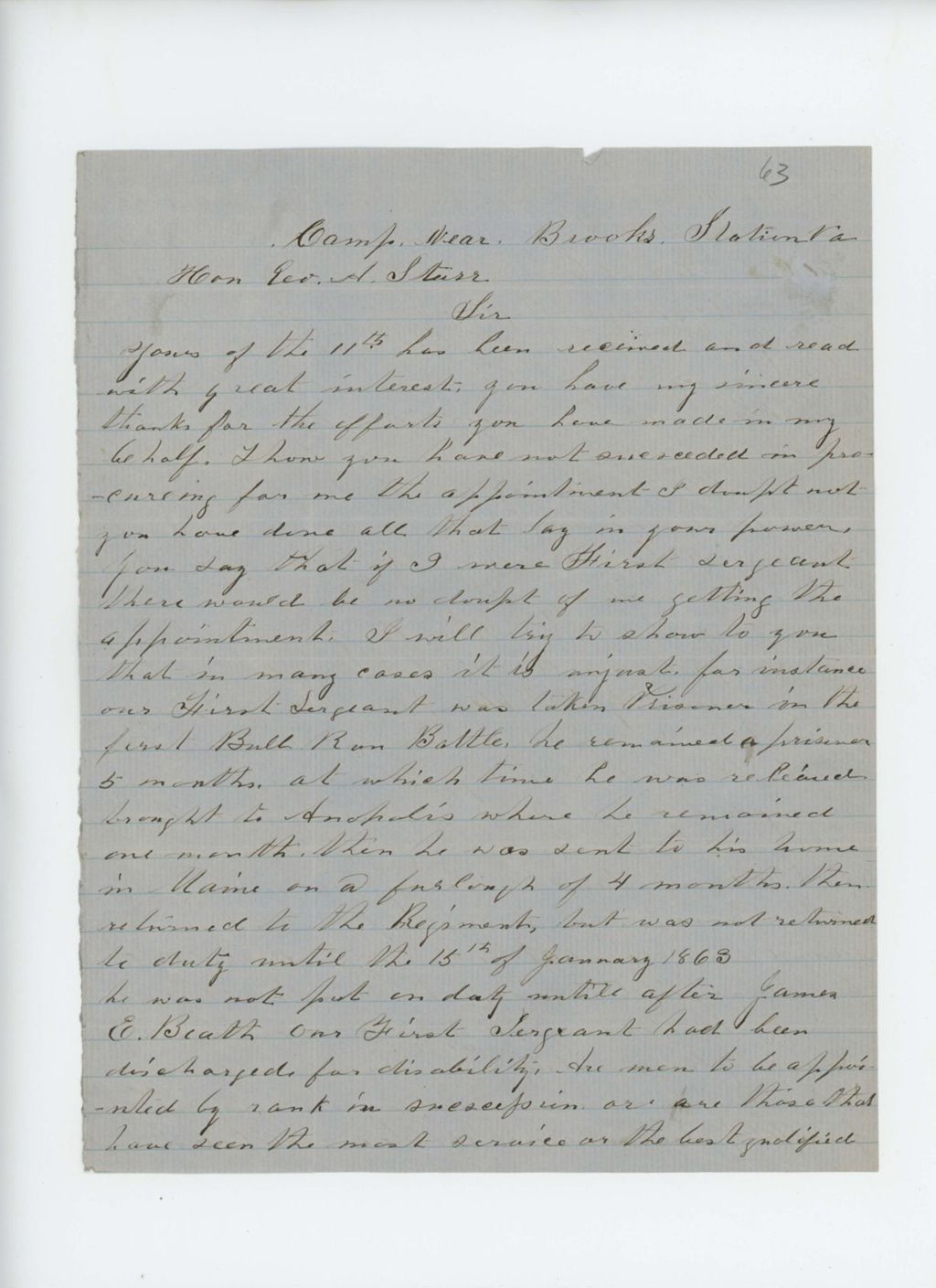 Miniature of Sergeant Thomas Campbell of Company E thanks George E. Starr for efforts on his behalf