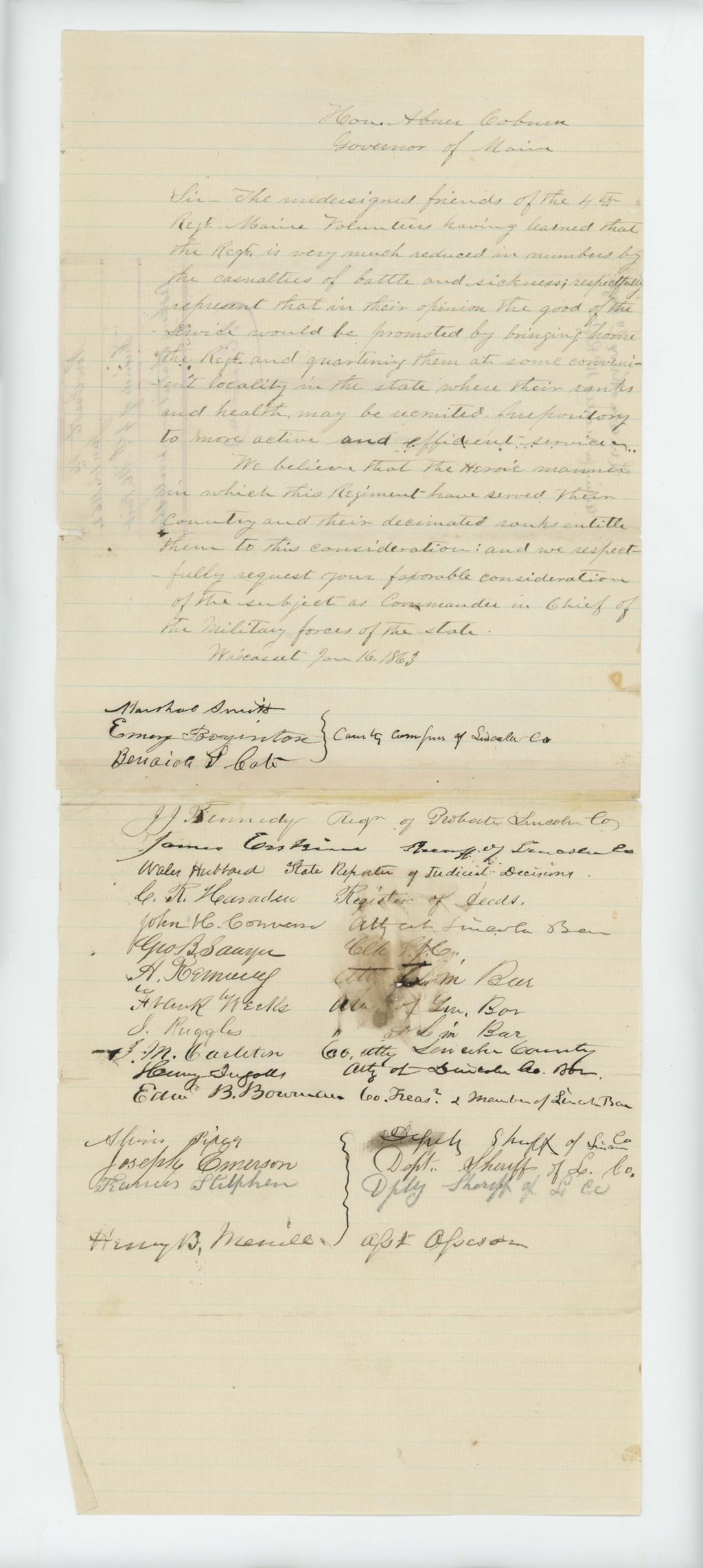 Miniature of Wales Hubbard and other friends of the regiment petition for their return to Maine