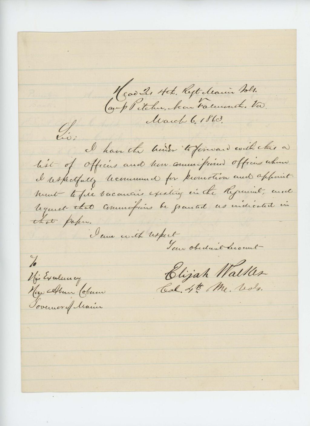 Miniature of Colonel Walker writes Governor Coburn recommending promotions in the regiment