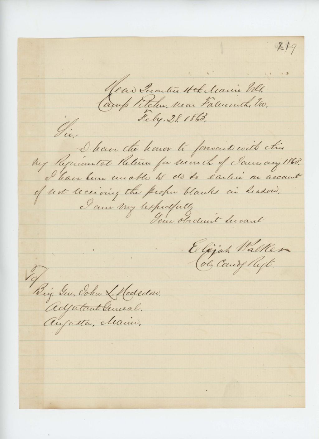 Miniature of Colonel Walker forwards the January monthly return to Adjutant General Hodsdon