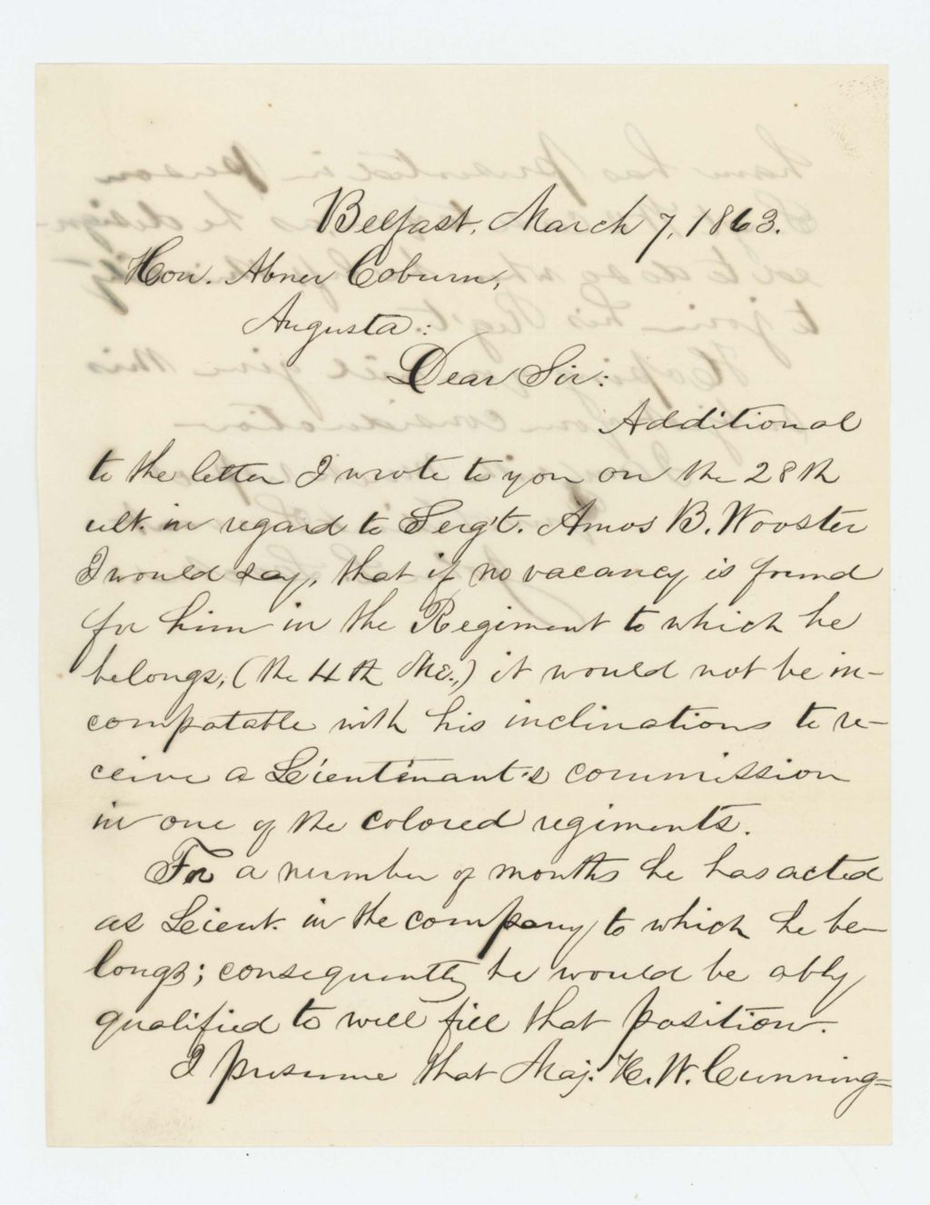 Miniature of John L. Locke recommends Sergeant Amos B. Wooster for commission in the colored regiment if no vacancy is available in the 4th Regiment