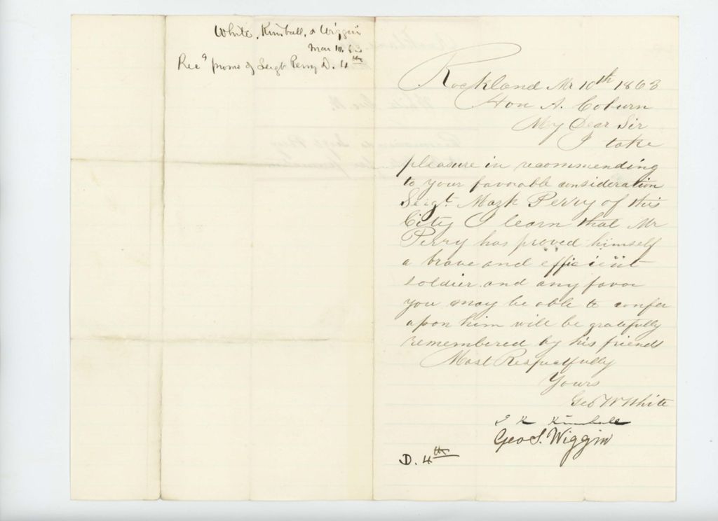 Miniature of George W. White, George S. Wiggin, and I. Kimball recommend Sergeant Mark Perry for promotion