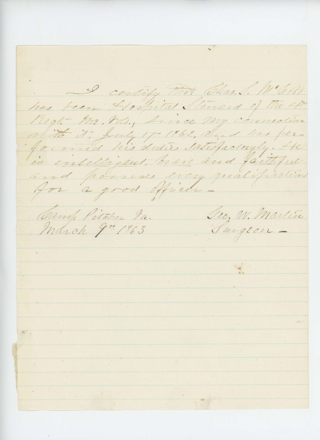 Miniature of Surgeon George W. Martin recommends promotion of Hospital Steward Charles S. McCobb