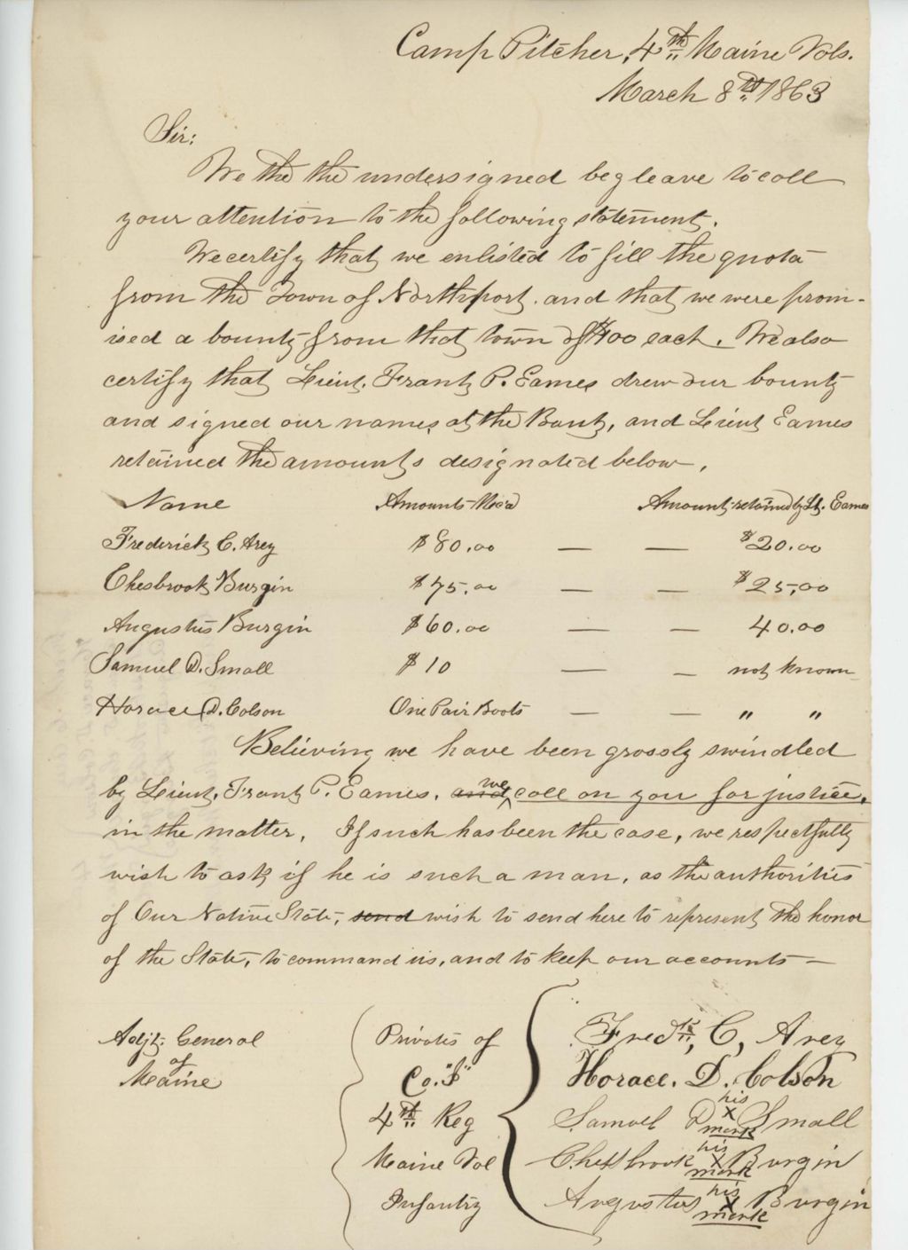 Miniature of Fred C. Arey and others appeal to Adjutant General Hodsdon for aid in collecting bounty payments