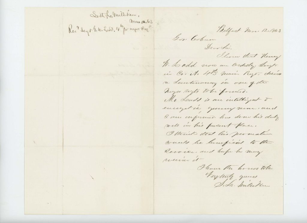 Miniature of S.L. Milliken recommends Orderly Sergeant Henry W. Ladd for promotion