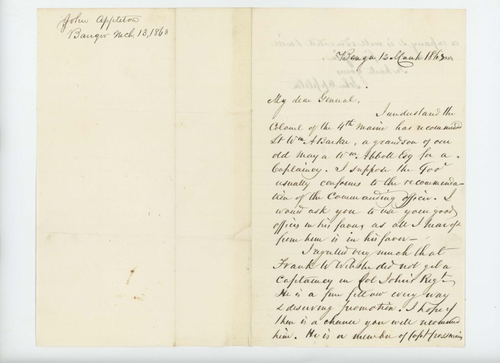 Miniature of John Appleton recommends Lieutenant William A. Barker for commission