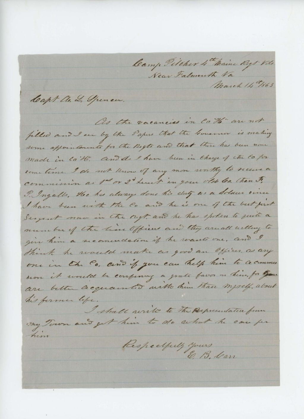 Miniature of E.B. Carr  recommends Frank P. Ingalls for promotion due to lack of officers in Company H