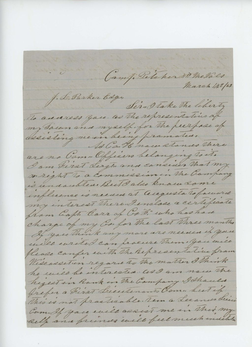 Miniature of Francis P. Ingalls writes J.L. Parker, Esq. regarding lack of commissioned officers in Company H