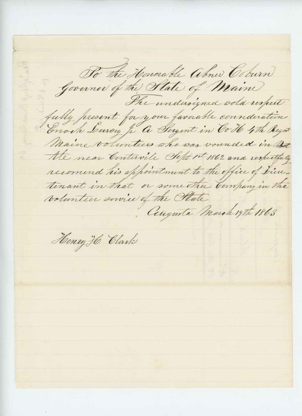 Miniature of Henry H. Clark recommends Sergeant Enoch Lurvey for promotion to Lieutenant