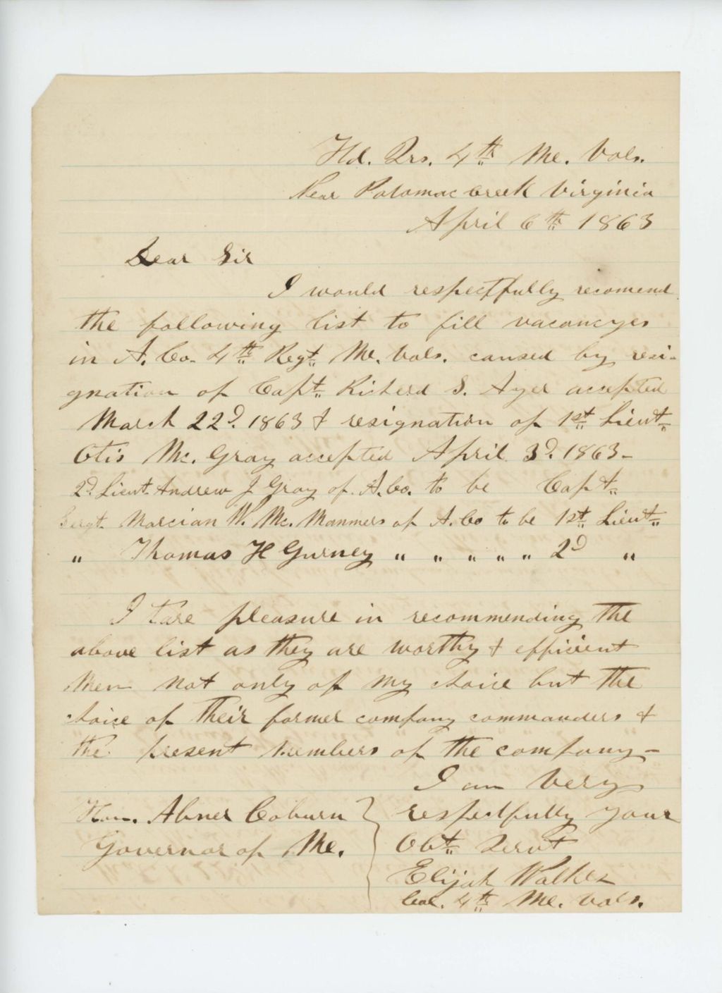 Miniature of Colonel Walker recommends men to fill vacancies in the regiment
