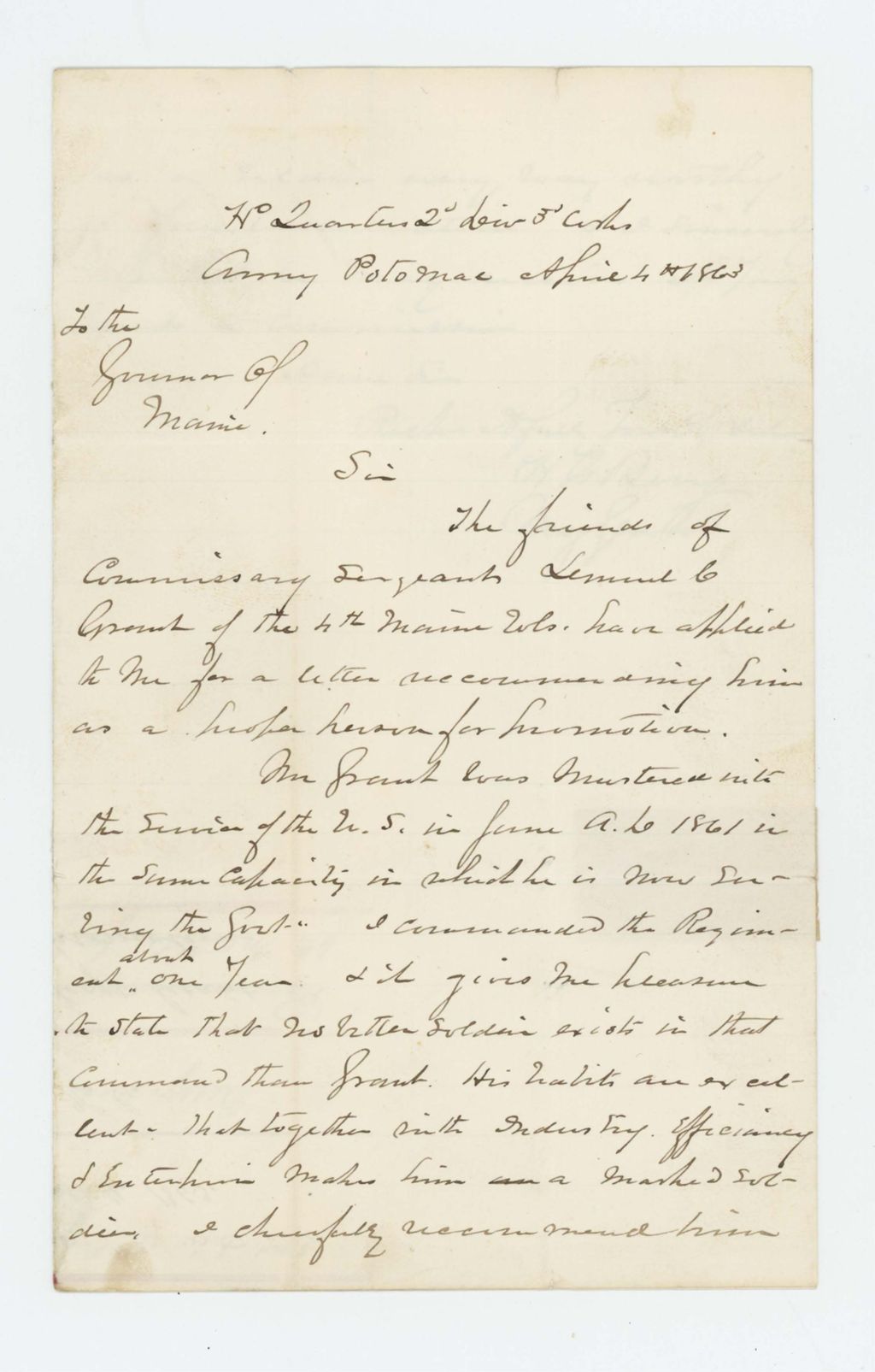 Miniature of Major General Hiram Berry recommends Commissary Sergeant Lemuel Grant for promotion