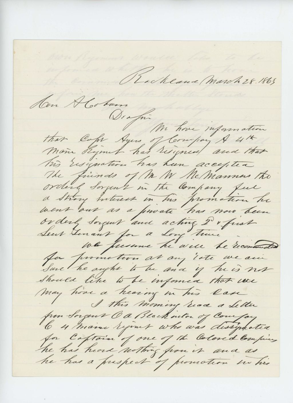 Miniature of N.A. Farwell recommends M.W. McManners to replace Captain Ayers