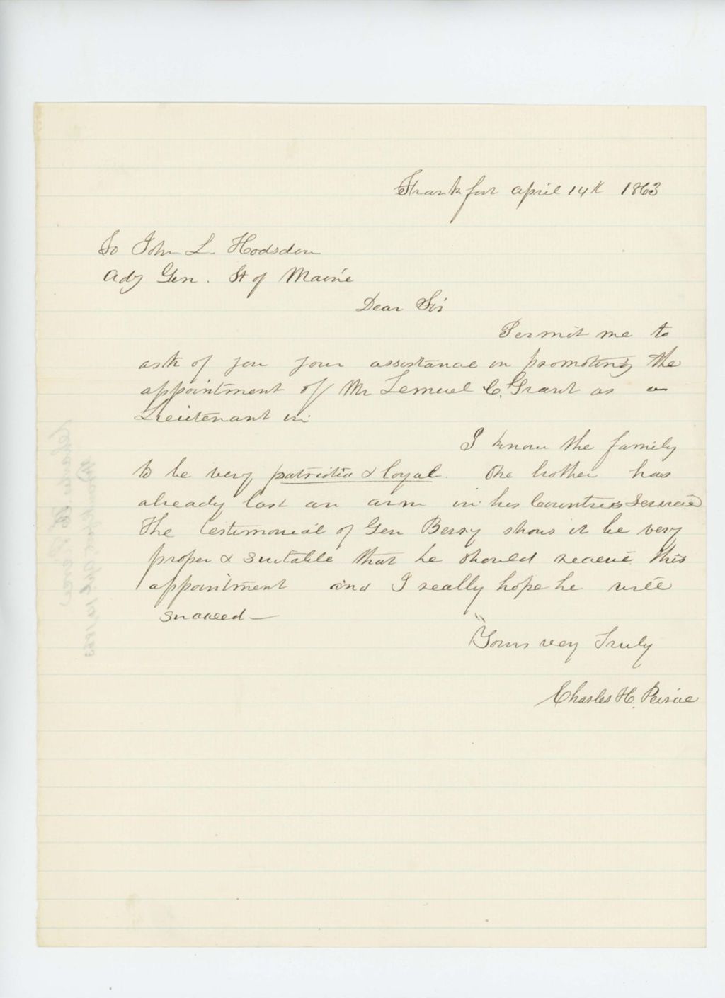 Miniature of Charles H. Peirce recommends Lemuel C. Grant for promotion