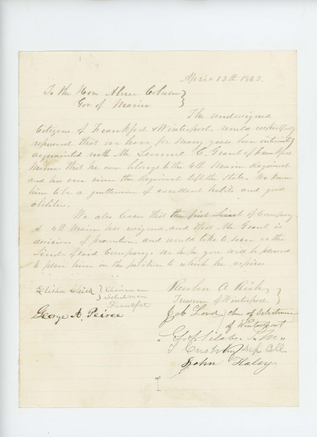 Miniature of Reuben Rich and citizens of Winterport and Frankfort request promotion of Lemuel C. Grant