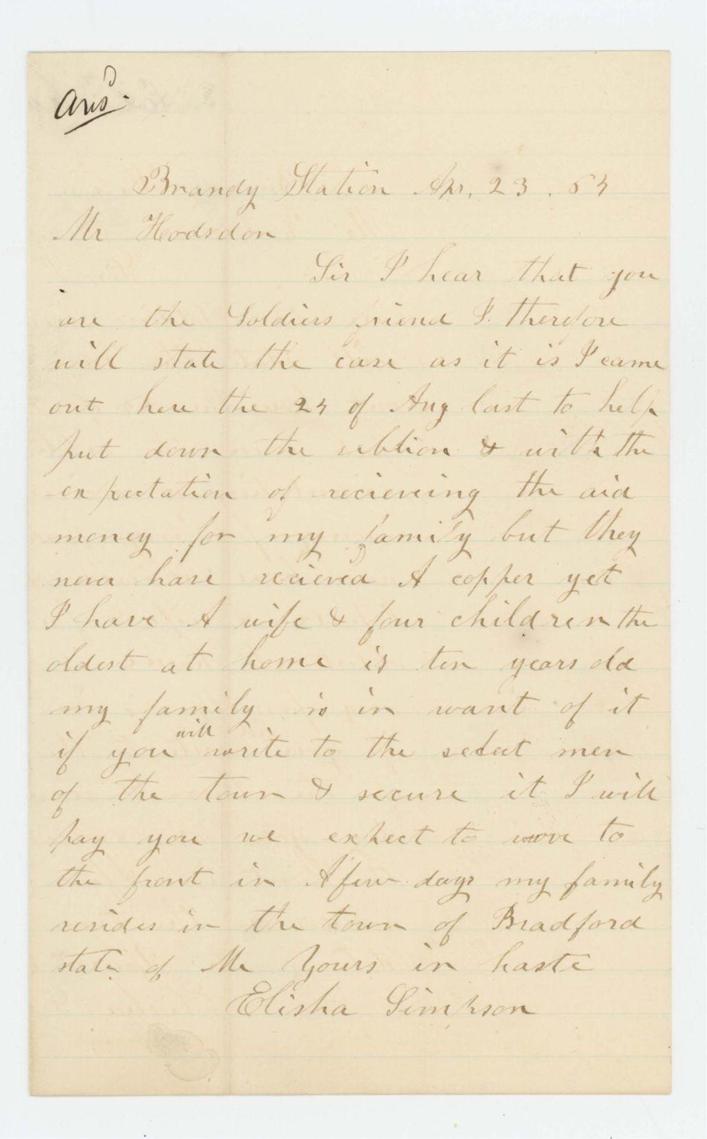 Miniature of Elisha Simpson requests aid money for his family