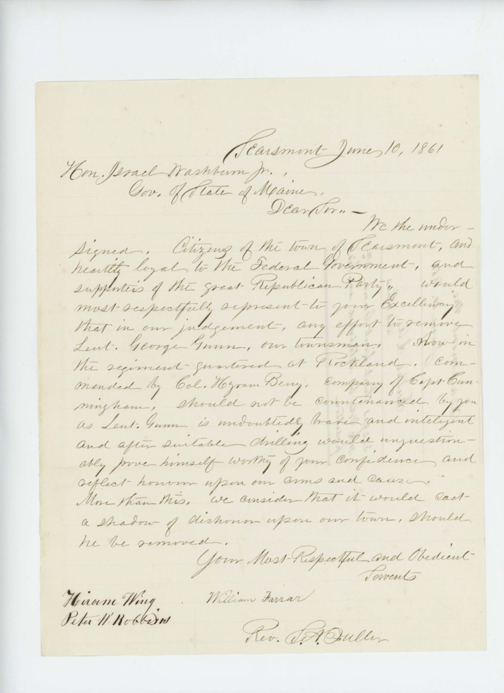 Miniature of Reverend Fuller and others urge that Lieutenant Gunn be retained in his position in the regiment