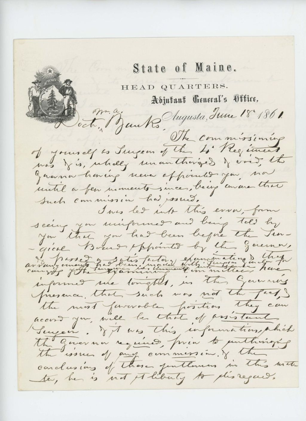 Miniature of Adjutant General Hodsdon requests Dr. W.A. Banks return his commission immediately
