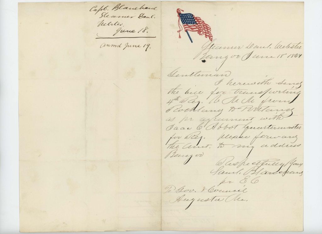 Miniature of Samuel Blanchard forwards his bill for transporting the regiment from Rockland to Portland