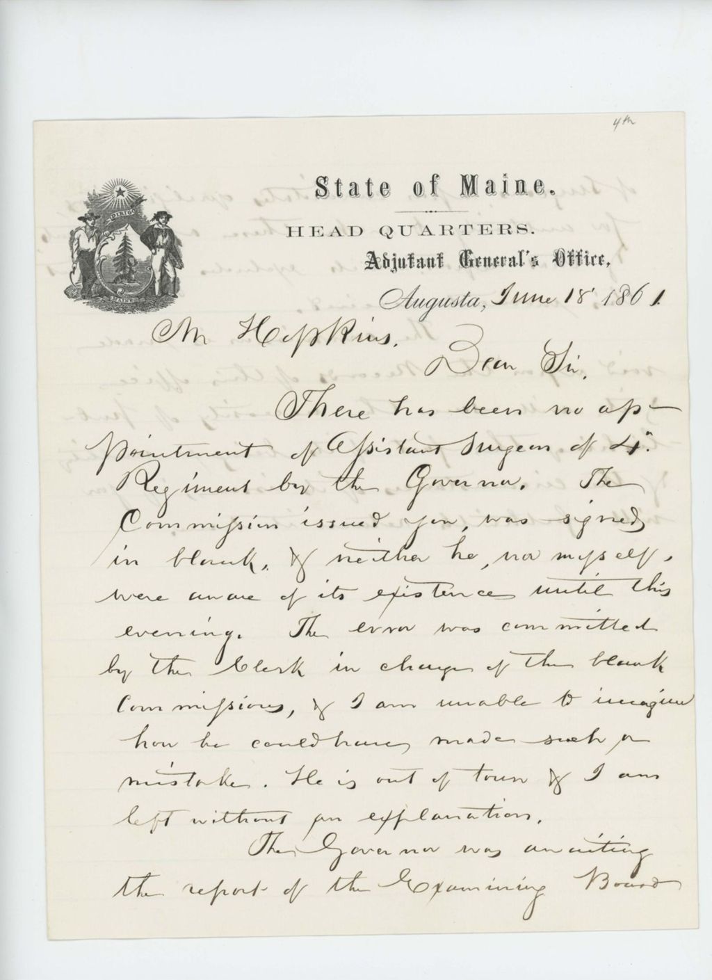 Miniature of Adjutant General Hodsdon requests Dr. Hopkins return his commission immediately