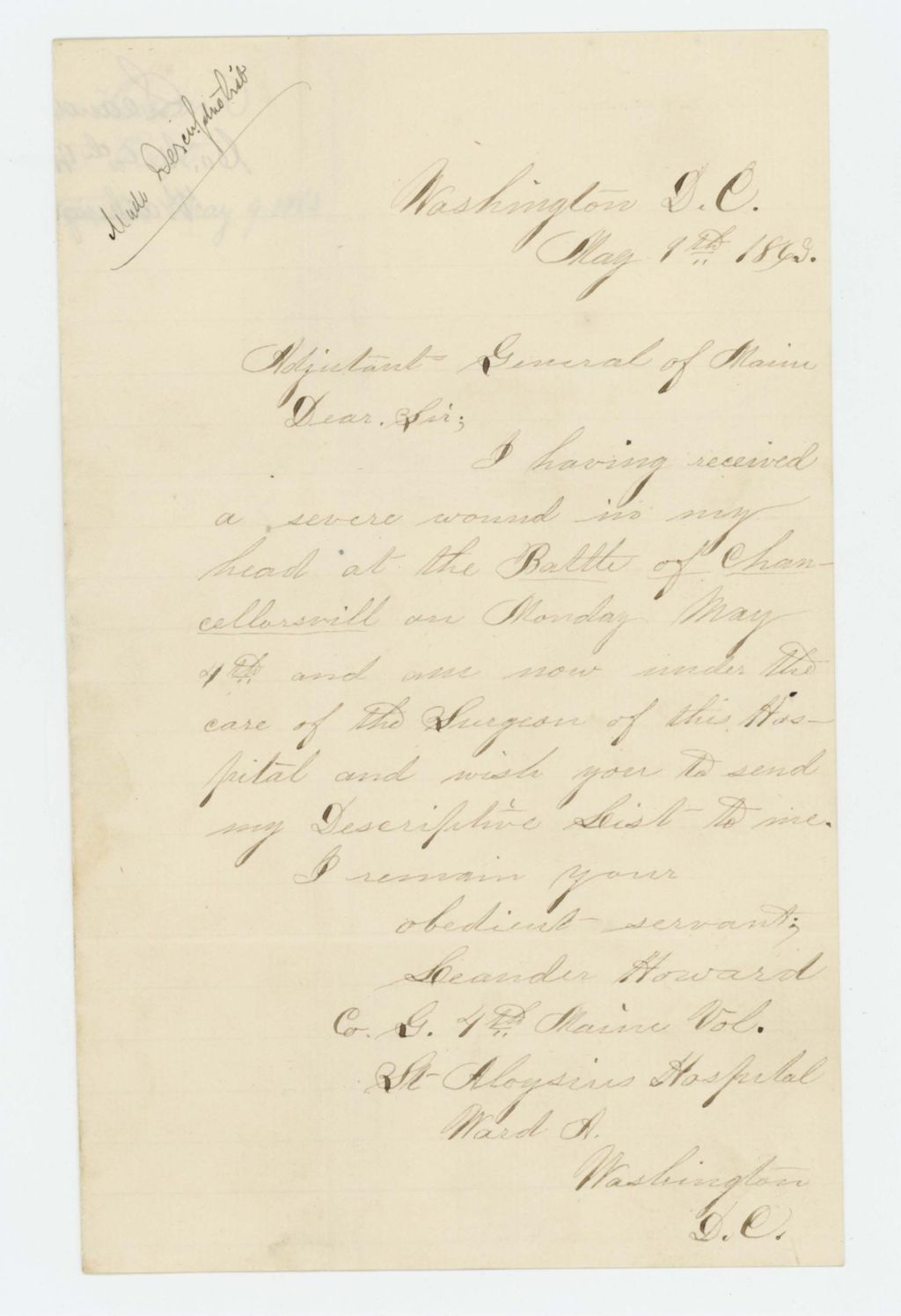 Miniature of Leander Howard of Company G requests his descriptive list sent to the hospital