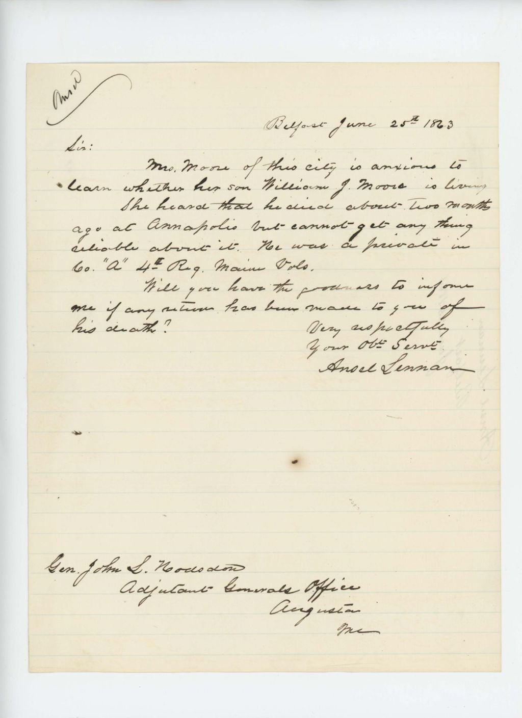 Miniature of Ansel Lennan writes on behalf of Mrs. Mooers, seeking information about her son William J Mooers of Company A