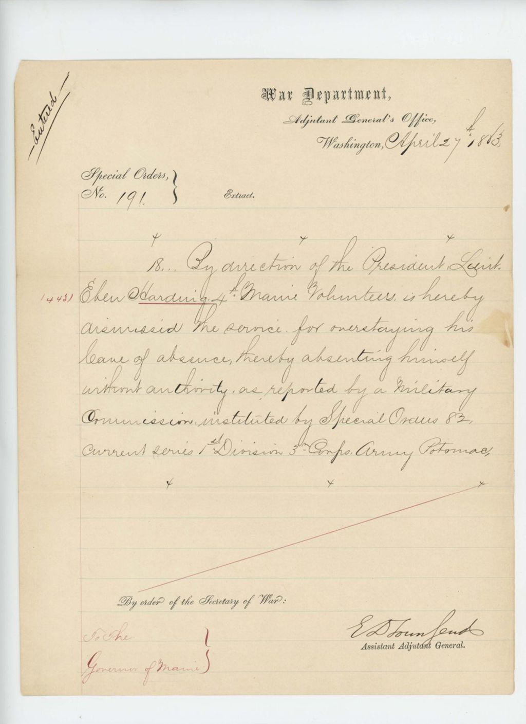 Miniature of Special Order 191 dismissing Eben Harding from service for overstaying his leave of absence