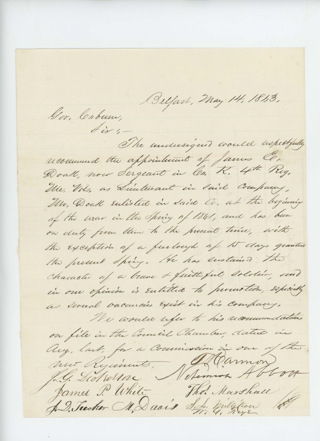 Miniature of T. Harmon and citizens of Belfast recommend promotion of Sergeant Doak
