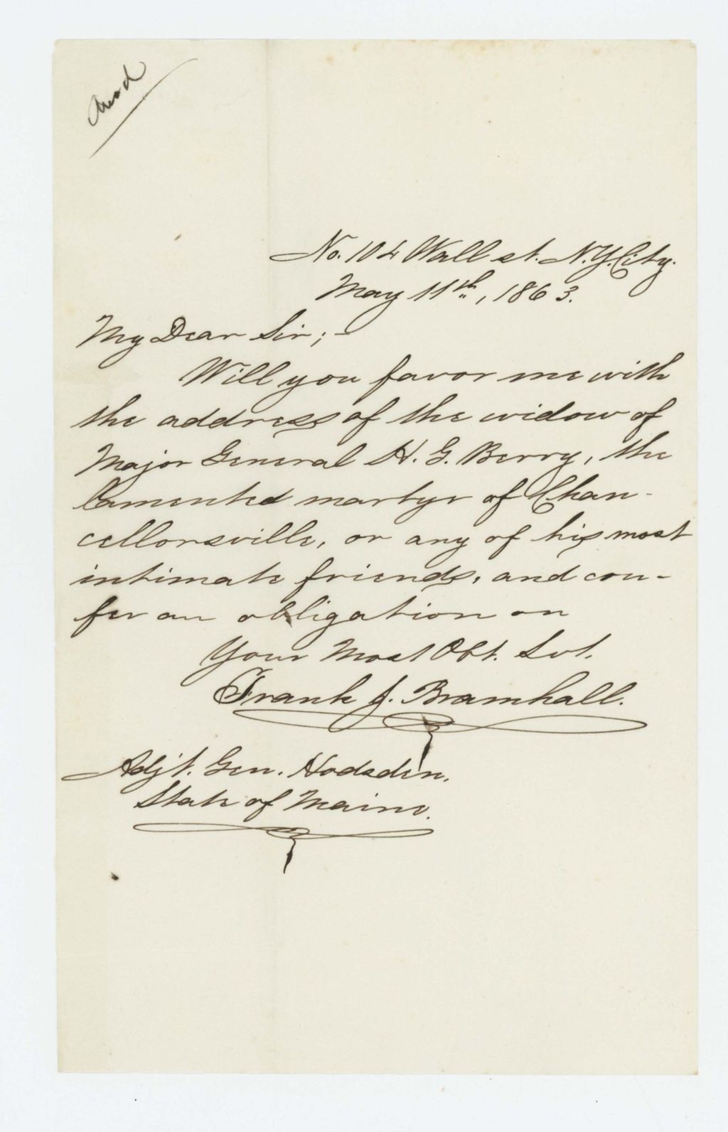 Miniature of Frank J. Bramhall requests the address of General Berry's widow