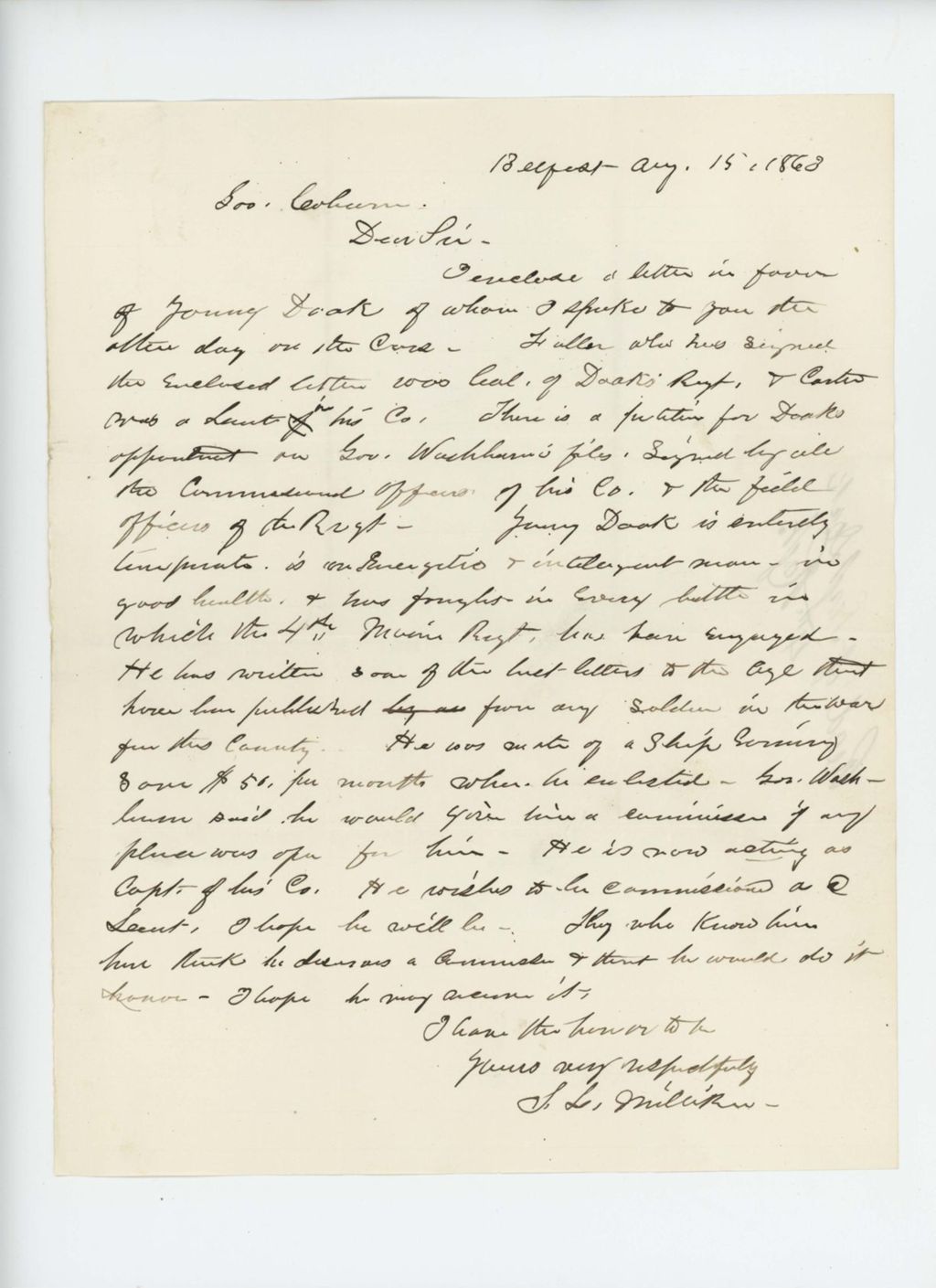 Miniature of S.L. Milliken encloses letter from William Rust and others in favor of promotion of James Doak