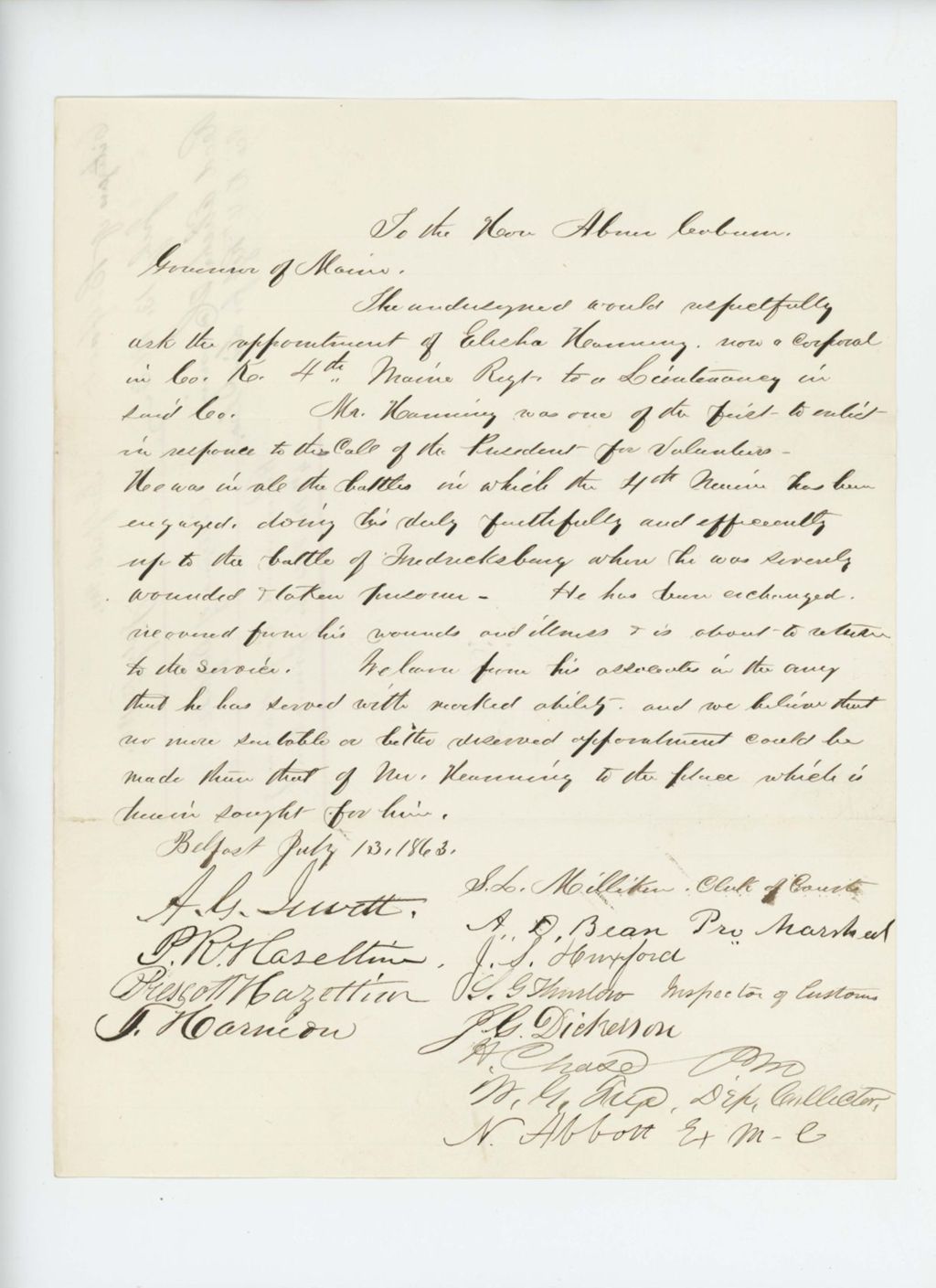 Miniature of A.D. Bean and citizens of Belfast recommend Corporal Hanning for promotion
