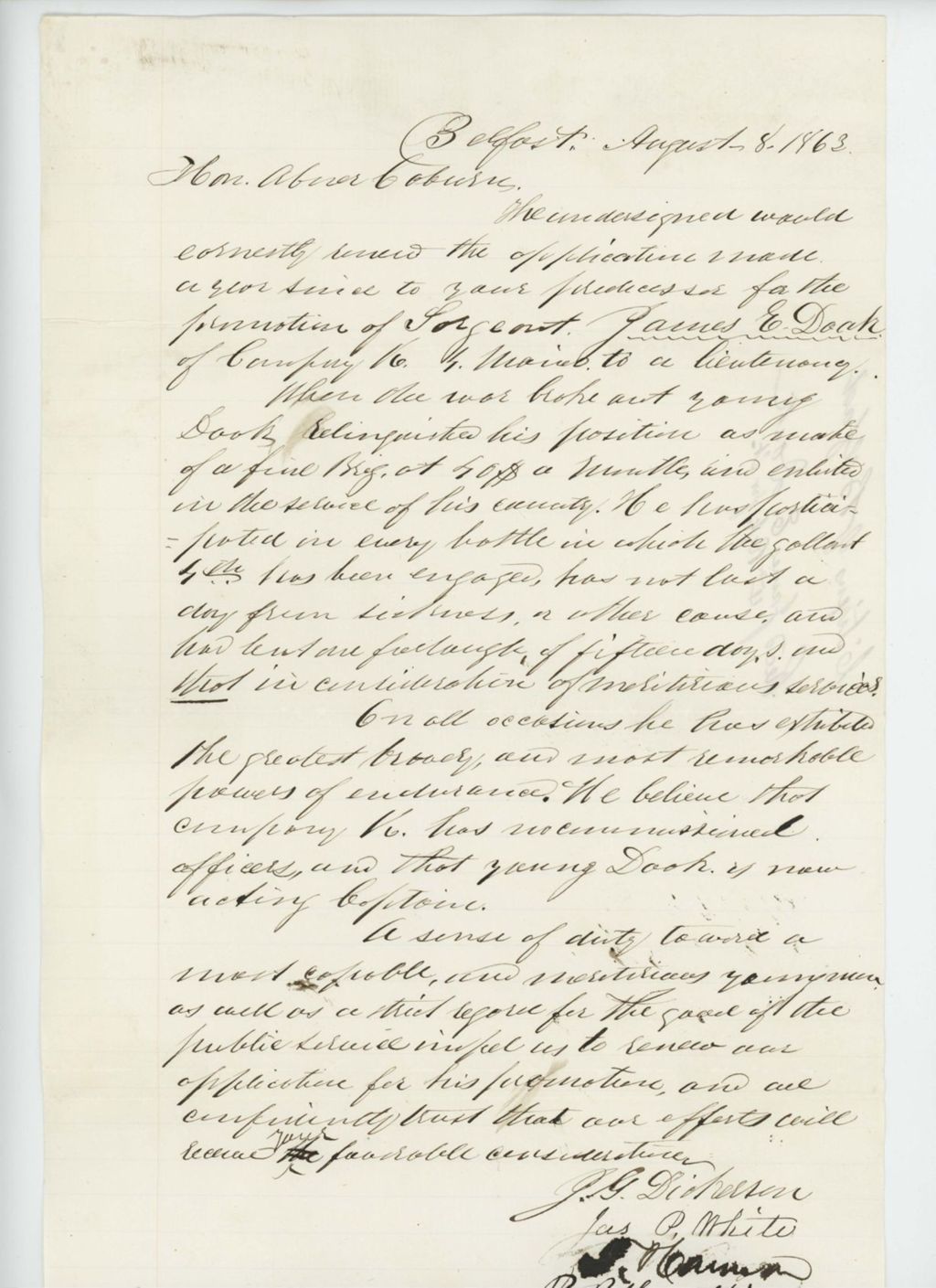 Miniature of James P. White and citizens of Belfast request promotion of James Doak