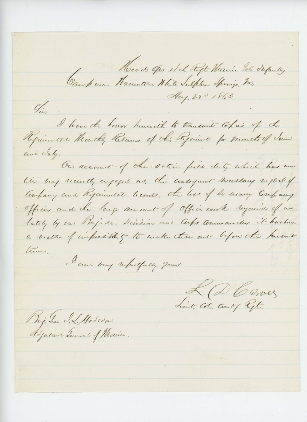 Miniature of Lieutenant Colonel L.D. Carver sends monthly returns