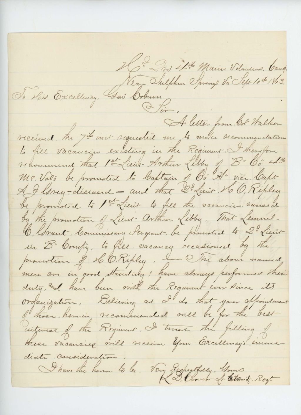 Miniature of Lieutenant Colonel L.D. Carver recommends promotions
