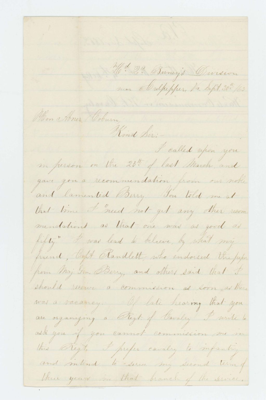 Miniature of William M. Harthorn of Company E requests a commission in a Veteran Cavalry unit
