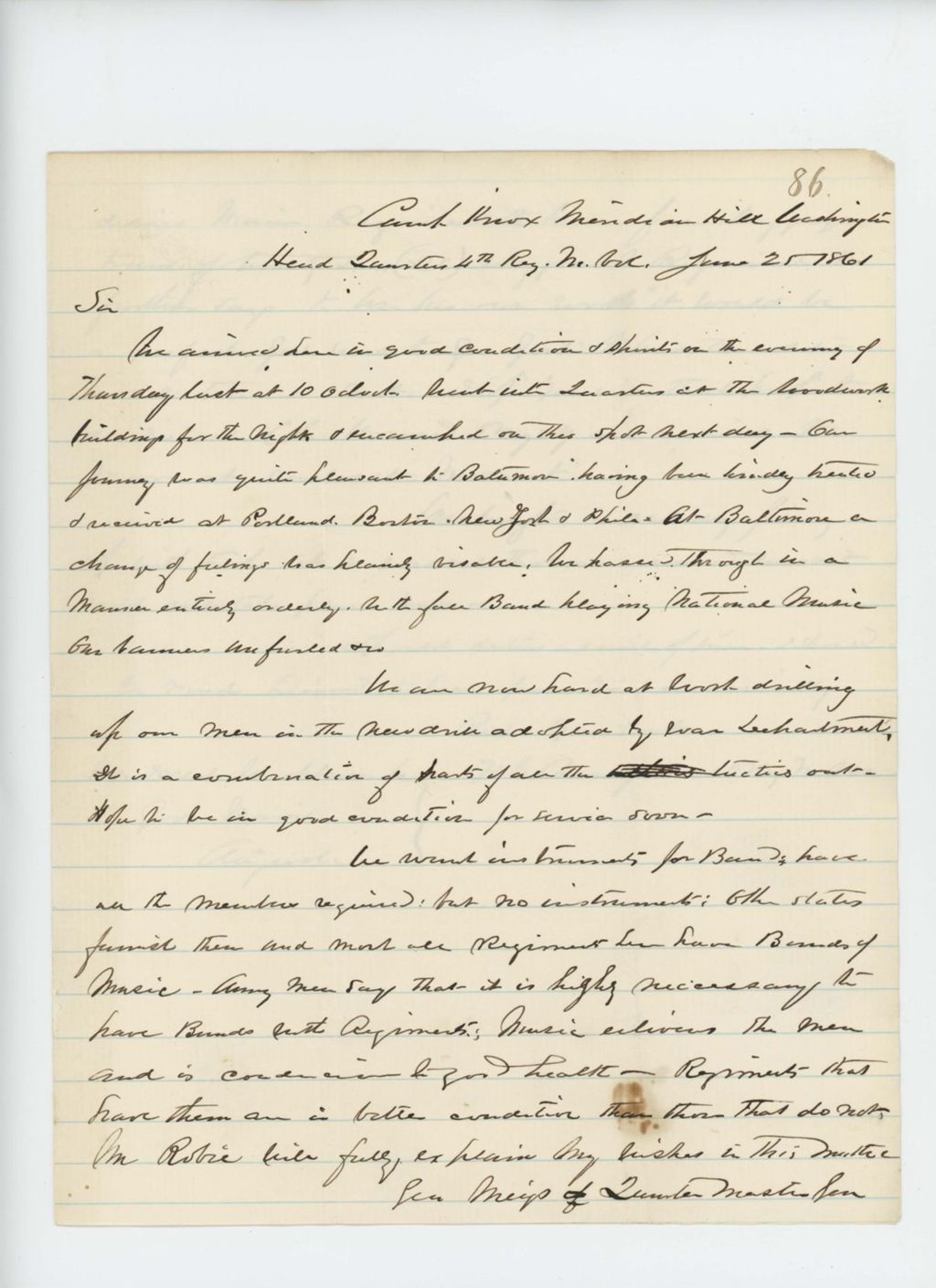 Miniature of Colonel Berry notifies the Governor that the regiment arrived at Camp Knox in good condition