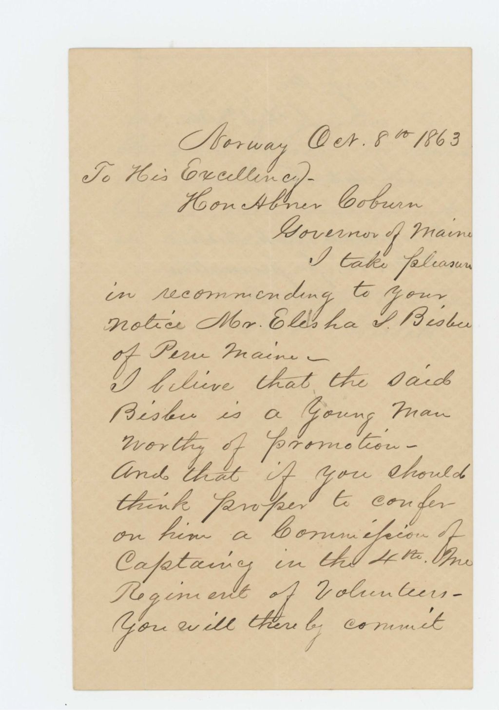 Miniature of H.W. Millett recommends Elisha Bisbee for promotion