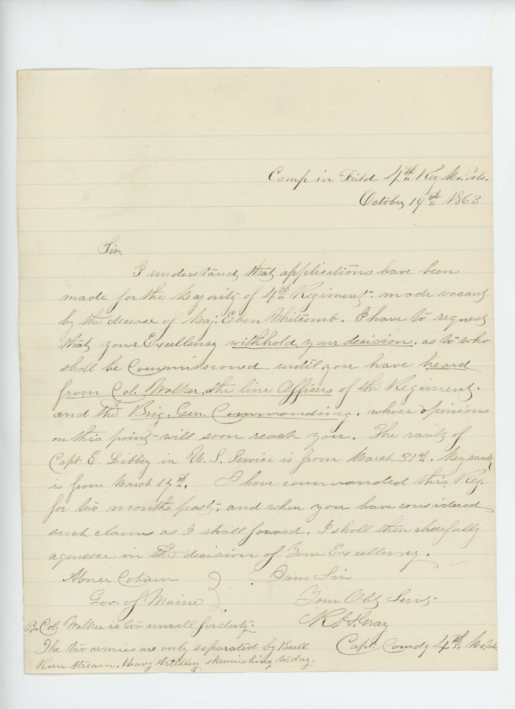 Miniature of Captain Gray requests that Governor Coburn withhold commissions until he receives Colonel Walker's recommendations