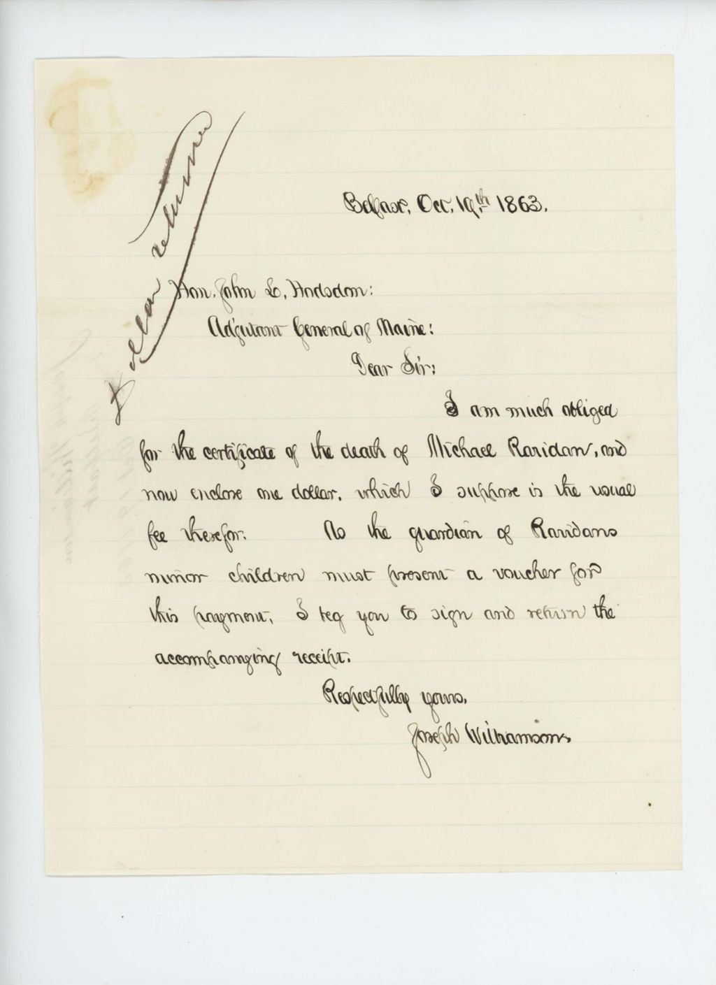 Miniature of Joseph Williamson acknowledges receipt of death certificate of Michael Raridan and requests signed receipt of voucher